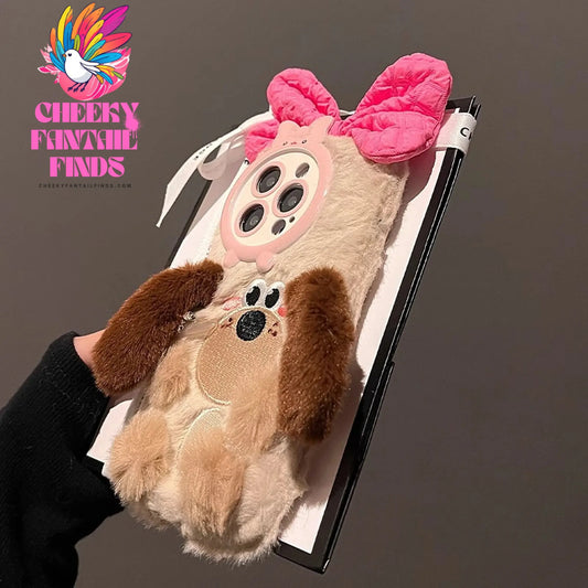 Cute Brown Bow Dog Plush Case for iPhone 16 15 14 13 12 11 Pro Max Cheeky Fantail Finds