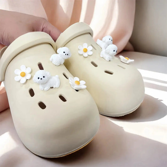 Cute Dog And Flower 3D Shoe Accessories For Boys And Girls White Puppy Detachable DIY Clog Shoe Buckle Cheeky Fantail Finds