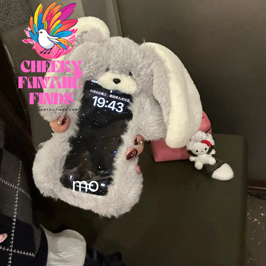 Cute Fluffy Plush Long Ears Rabbit Phone Case for iPhone 15 14 13 12 Pro Max 11 16pro Girls Kawaii Furry Cartoon Protector Cover Cheeky Fantail Finds