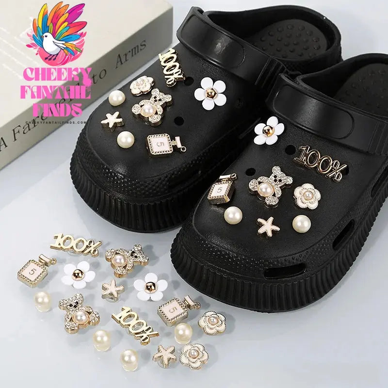 DIY Metal Fashion Set Hole Shoe Charms Accessories PVC Shoe Buckle Cute Pearl Bear Water Diamond Chain Shoes Decorations Cheeky Fantail Finds