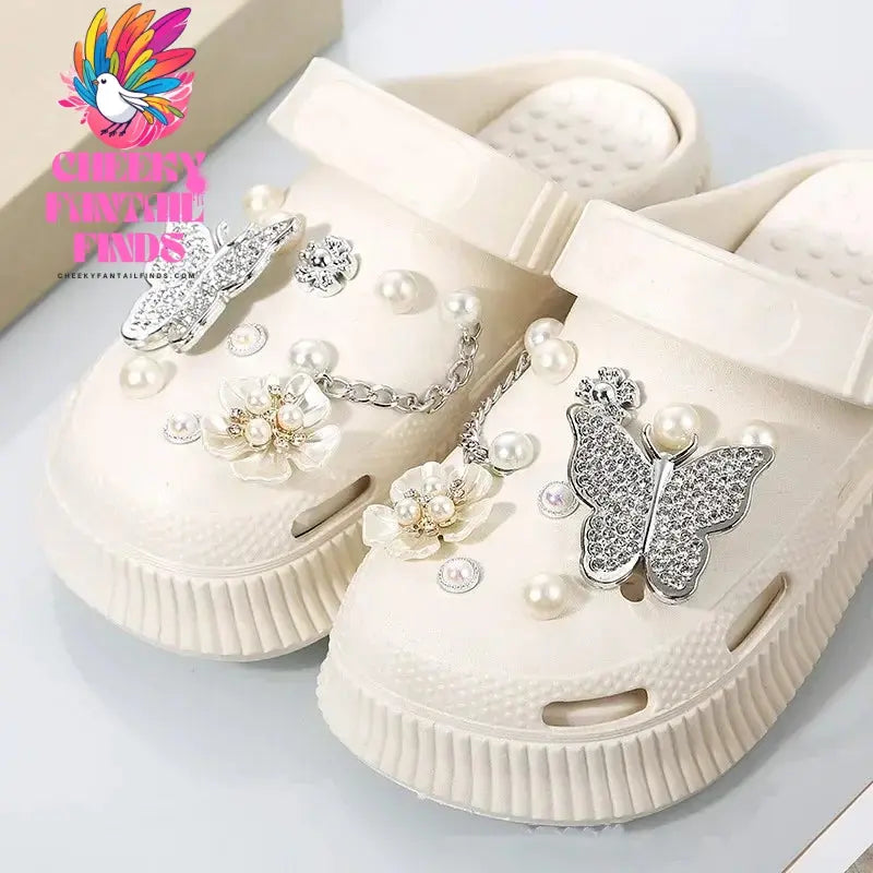 DIY Metal Fashion Set Hole Shoe Charms Accessories PVC Shoe Buckle Cute Pearl Bear Water Diamond Chain Shoes Decorations Cheeky Fantail Finds
