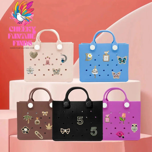 EVA Leather Solid Color Tote Bag Travel Work Waterproof Beach Bag Women Fashion Shoulder Bag Punched Outdoor Handbag Fit Charms - Cheeky Fantail Finds