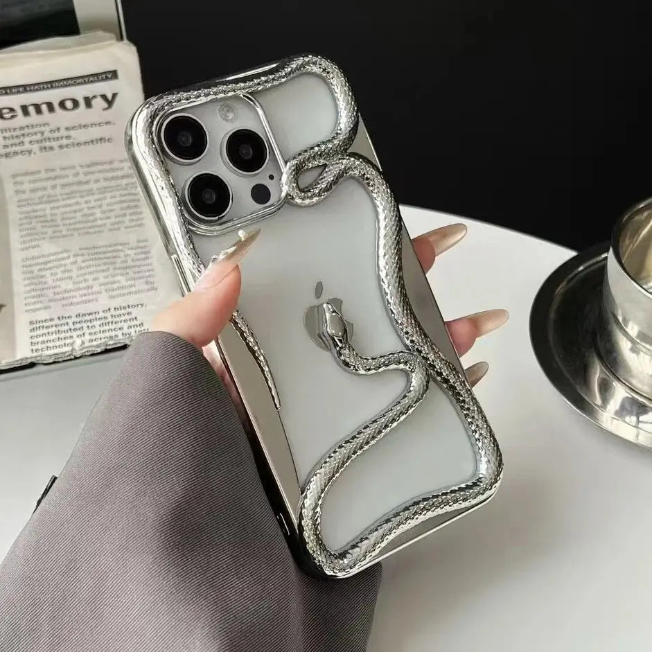 Fashion Snake Pattern Case For iPhone 16 Pro Max 15 14 Pro Luxry Plating Hollow Out Cover For iPhone 13 12 11 Transparent Cover Cheeky Fantail Finds