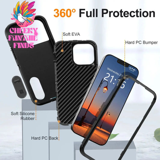 For iPhone 13/iPhone 13 Pro/iPhone 13 Pro Max 5G 3-Layers Heavy Duty Protective Kickstand Phone Cover Black Case Cheeky Fantail Finds