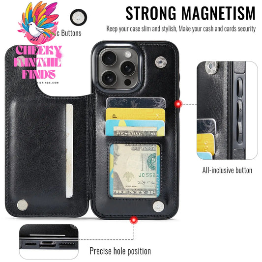 For iPhone 16 15 14 13 12 11 Pro Max PU Leather Case Kickstand Card Holder, Double Magnetic Clasp and Durable Shockproof Cover Cheeky Fantail Finds