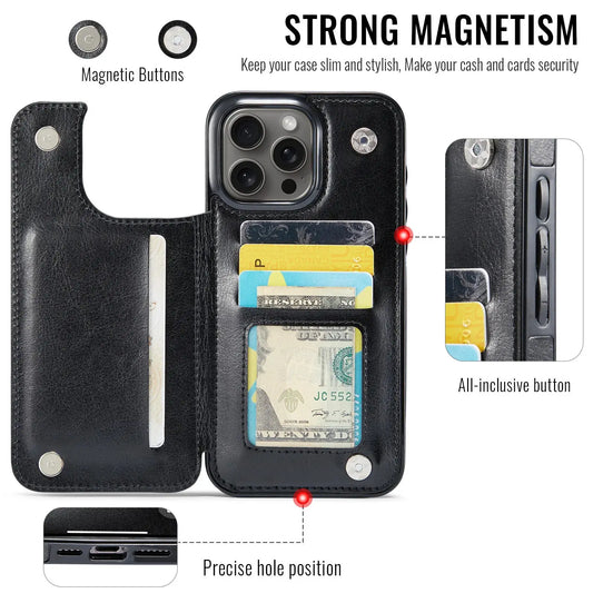 For iPhone 16 15 14 13 12 11 Pro Max PU Leather Case Kickstand Card Holder, Double Magnetic Clasp and Durable Shockproof Cover Cheeky Fantail Finds