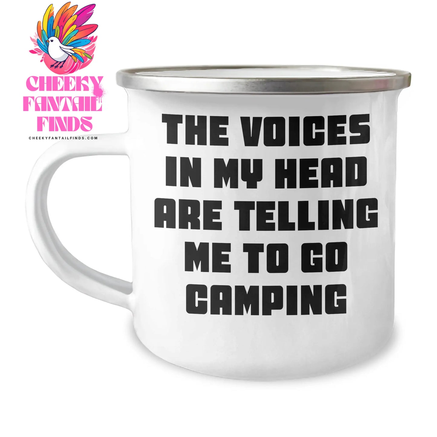 Funny Camping Gifts for Mom, 'The Voices In My Head Are Telling Me To Go Camping' Enamel Camping Mug, Stainless Steel, 12 oz, Gifts from Friends, Family, or Coworkers - Image 1