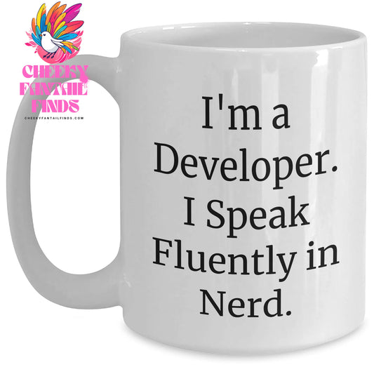 Funny Developer White Coffee Mug - Gifts from Friends, Coworkers, or Family for Father's Day, Perfect for Men and Women who Speak Fluently in genius - Main
