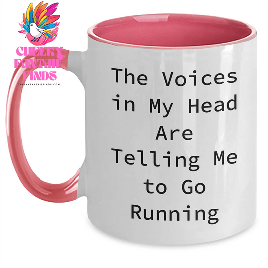 Funny Running Gifts for Mom - The Voices In My Head Are Telling Me To Go Running Two Tone Coffee Mug, Gifts from Mom to Running Mom, 11oz Ceramic, Microwave and Dishwasher Safe - Main
