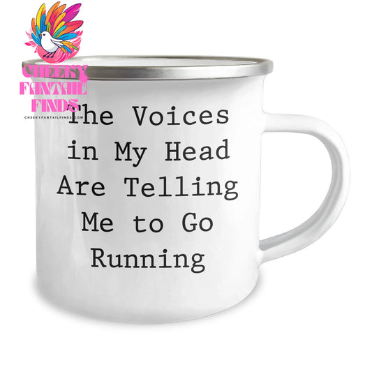 Funny Running Gifts from Friends - 'The Voices In My Head Are Telling Me To Go Running' Enamel Mug for Running Enthusiasts on Mother's Day - Image 2