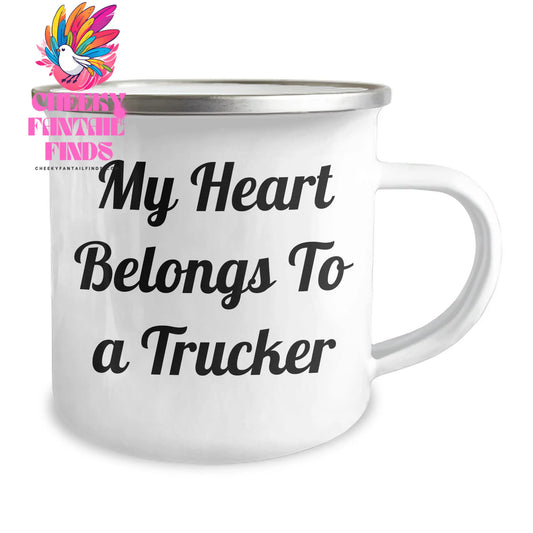 Funny Trucker Gifts - My Heart Belongs To A Trucker Camping Mug, Gifts from Men for Women Friends Family Trucker, 12 oz Stainless Steel with Enamel Finish - Image 2