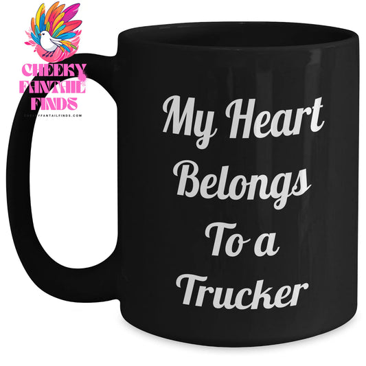 Funny Trucker Gifts for Mom, 'My Heart Belongs To A Trucker' Black Coffee Mug, Unique Mother's Day Present from Friends, Family or Coworkers - Main