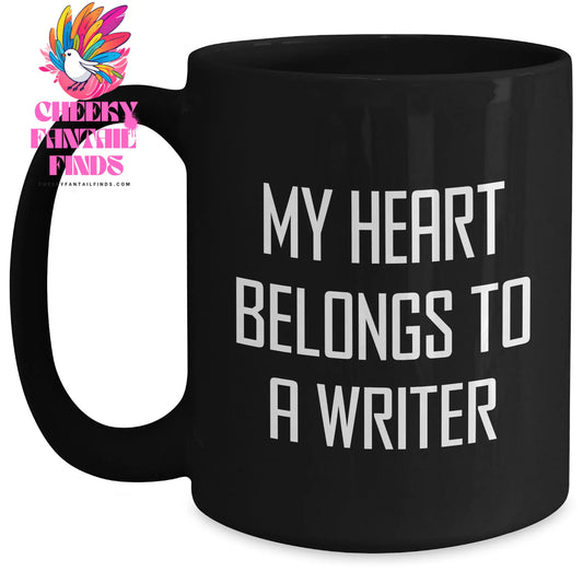 Funny Writer Gifts from Mom, Gifts for Dad, My Heart Belongs To A Writer, Black Coffee Mug, Perfect for Mother's Day - Main