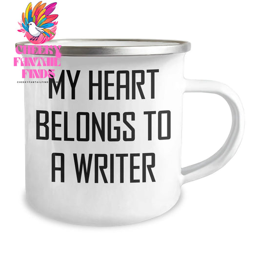 Funny Writer Gifts from Mom, My Heart Belongs To A Writer, Camping Mug for Her, 12 oz Stainless Steel Enamel Finish, Unique Mother's Day Unique Gifts for Women - Image 2