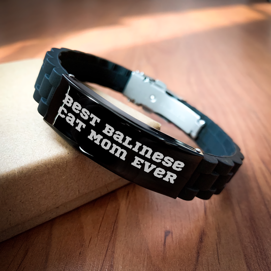 Balinese Cat Mom Ever's Gift: Glide lock Clasp Bracelet for Balinese Cat Enthusiasts, Best Father's Day Unique Gift for Men, Unique Adjustable Silver Black Stainless Steel Silicone Jewelry - Image 2