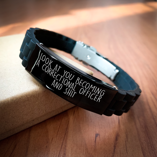 Funny Correctional Officer Gifts, 'Look At You Becoming A Correctional Officer And Shit' Quote Glide lock Clasp Bracelet for Men, Gifts from Family, Unique Father's Day Unique Gifts - Image 2