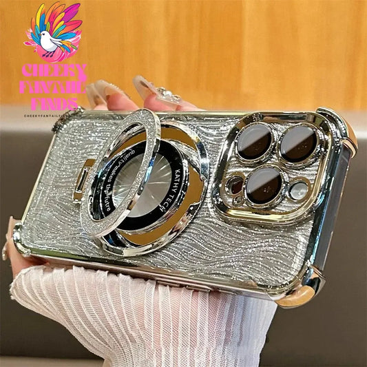 Glitter Water Ripple Magsafe Logo Hole Case For iPhone 14 15 Pro Max 13 Pro Folding Holder Cover For iPhone 16 Plus Hard Shell Cheeky Fantail Finds