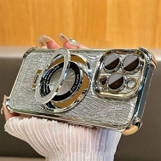Glitter Water Ripple Magsafe Logo Hole Case For iPhone 14 15 Pro Max 13 Pro Folding Holder Cover For iPhone 16 Plus Hard Shell Cheeky Fantail Finds