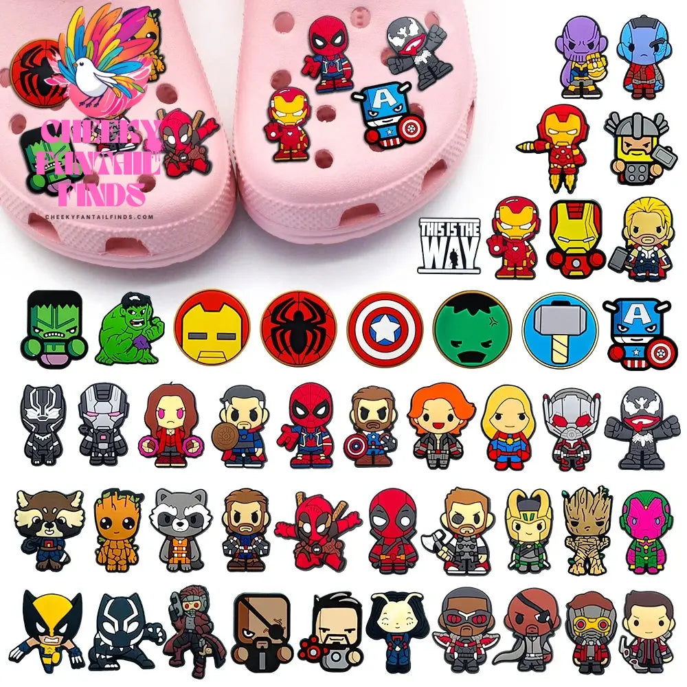 Hot Disney 1PCS Funny Cartoon Marvel Characters DlY Shoe Charms PVC Cool Hero Accessories Decorate Kid Boy Girl X-mas Party Gift Cheeky Fantail Finds
