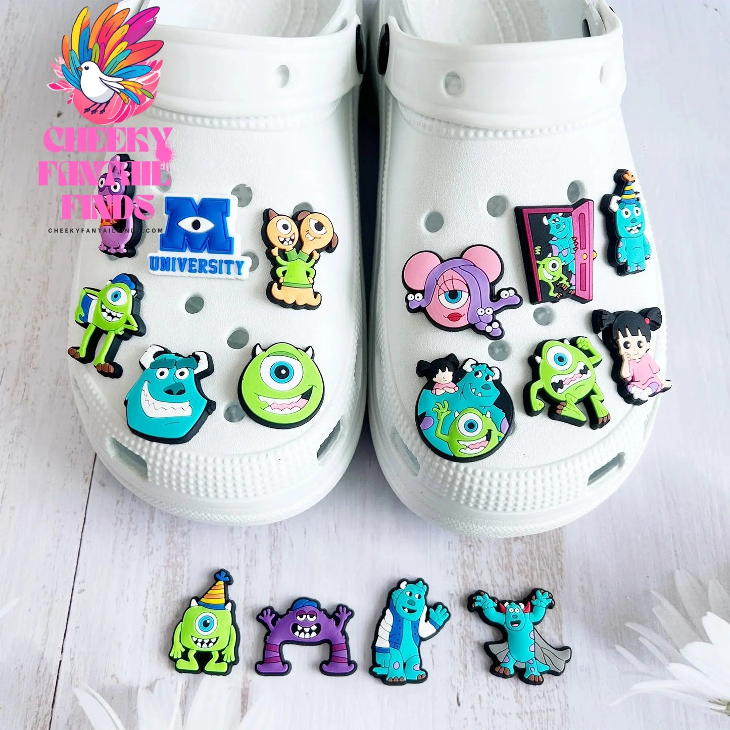 Hot Sale 1-16pcs Cartoon Monsters Inc. University James P Shoe Charms PVC Garden Shoes Buckles Decoration Fit Kids Gift Cheeky Fantail Finds