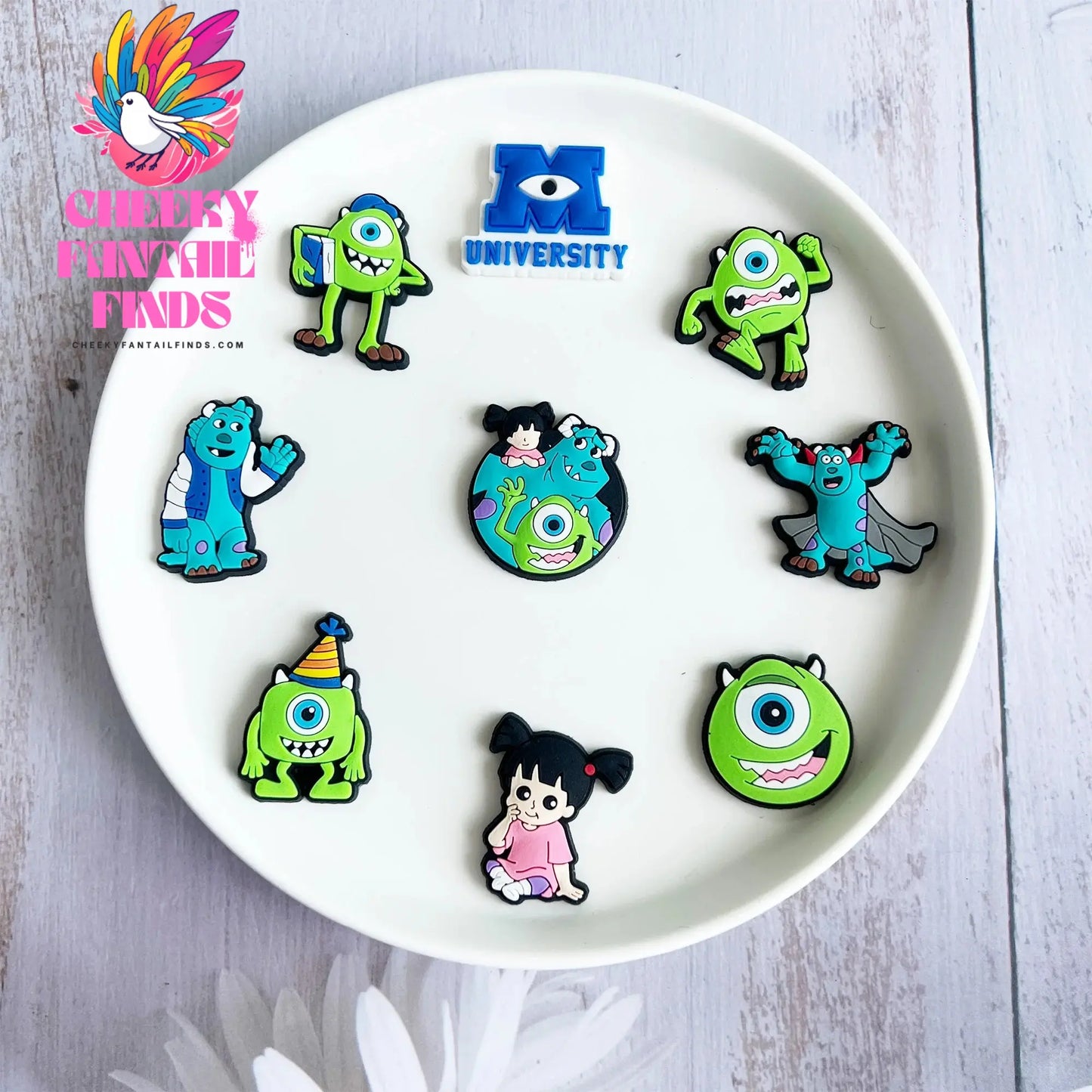 Hot Sale 1-16pcs Cartoon Monsters Inc. University James P Shoe Charms PVC Garden Shoes Buckles Decoration Fit Kids Gift Cheeky Fantail Finds