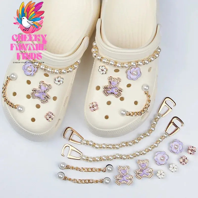 Hot sales Hole Shoe Charms for DIY alloy diamond detachable pearl chain Decoration for Shoe Charm Accessories Kids Party Gift Cheeky Fantail Finds