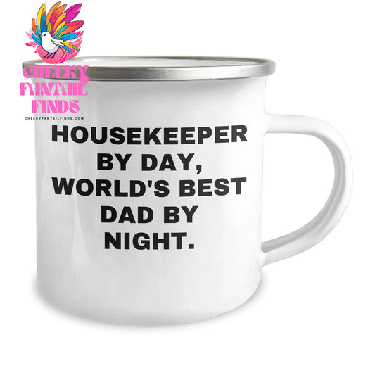 Housekeeper's Fun Camping Mug, Funny Quote 'Housekeeper By Day, World's Best Dad By Night.' - Gifts from Men to Housekeeper on Father's Day - Image 2