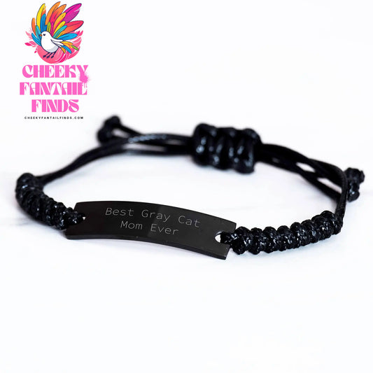 Inspirational Gray Cat Mom Gifts: Unique Rope Charm Jewelry for Her, Adjustable Black Stainless Steel Bangle for Best Gray Cat Mom Ever, Funny Quote on Father's Day Unique Gifts for Cat Lovers - Image 2