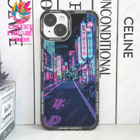 Japanese Aesthetic Night City Tokyo Phone Case For iPhone 16 15 14 13 12 11 Pro Max Mini Plus Soft Cover Cheeky Fantail Finds