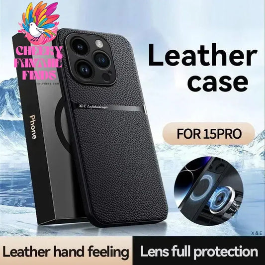 Leather For Magsafe Magnetic Car Holder Phone Case For iPhone 16 15 14 13 12 Pro Max Luxury Matte Shockproof Lens Protect Cover Cheeky Fantail Finds