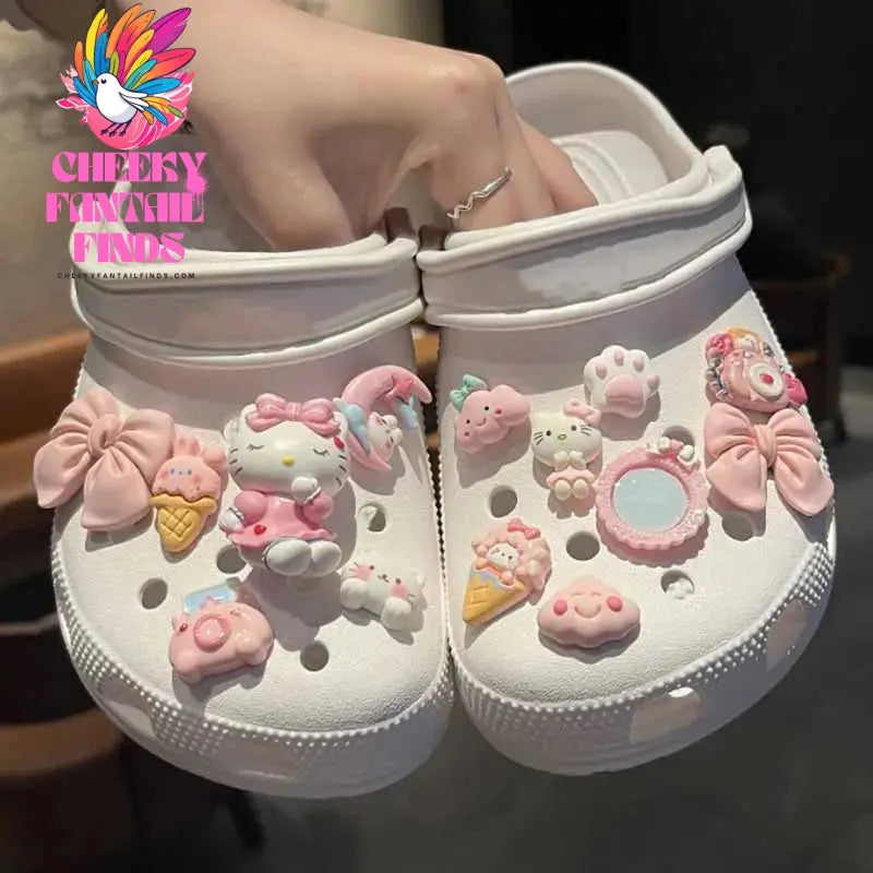 MINISO Candy Hello Kitty Cat Shoe Charms Pink Rabbit shoe Buckle Clogs Shoes Accessories Girl Sandals Decorative Party Gifts Cheeky Fantail Finds