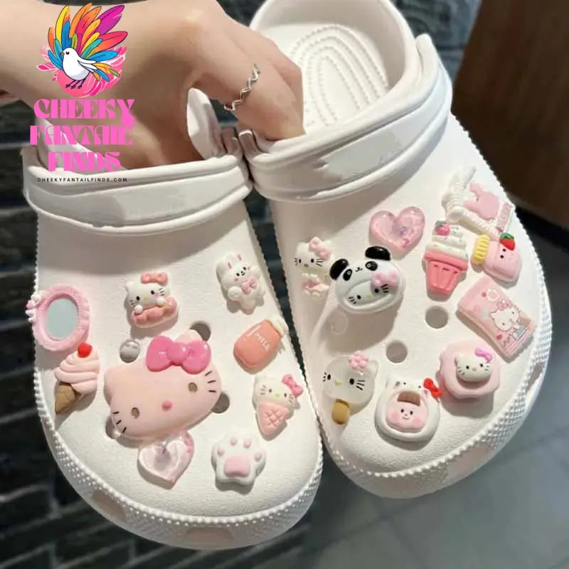 MINISO Candy Hello Kitty Cat Shoe Charms Pink Rabbit shoe Buckle Clogs Shoes Accessories Girl Sandals Decorative Party Gifts Cheeky Fantail Finds