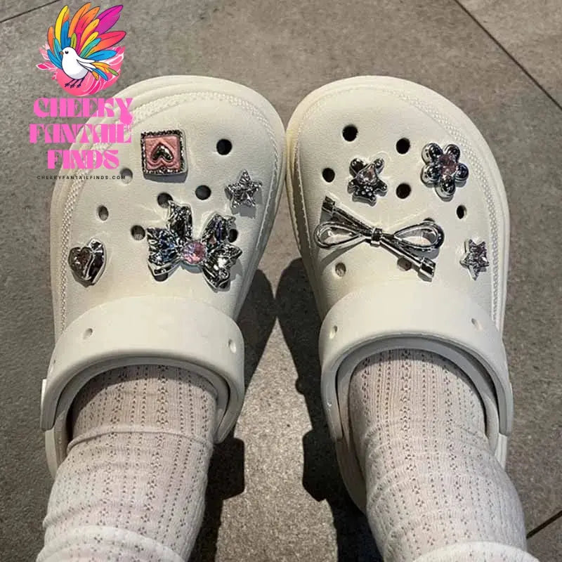 Metal Silver Electroplated Star Bow Tie Shoe Decorations Accessories Charms for Clogs Sandals Shoe Charms Gift Idea for Birthday Cheeky Fantail Finds