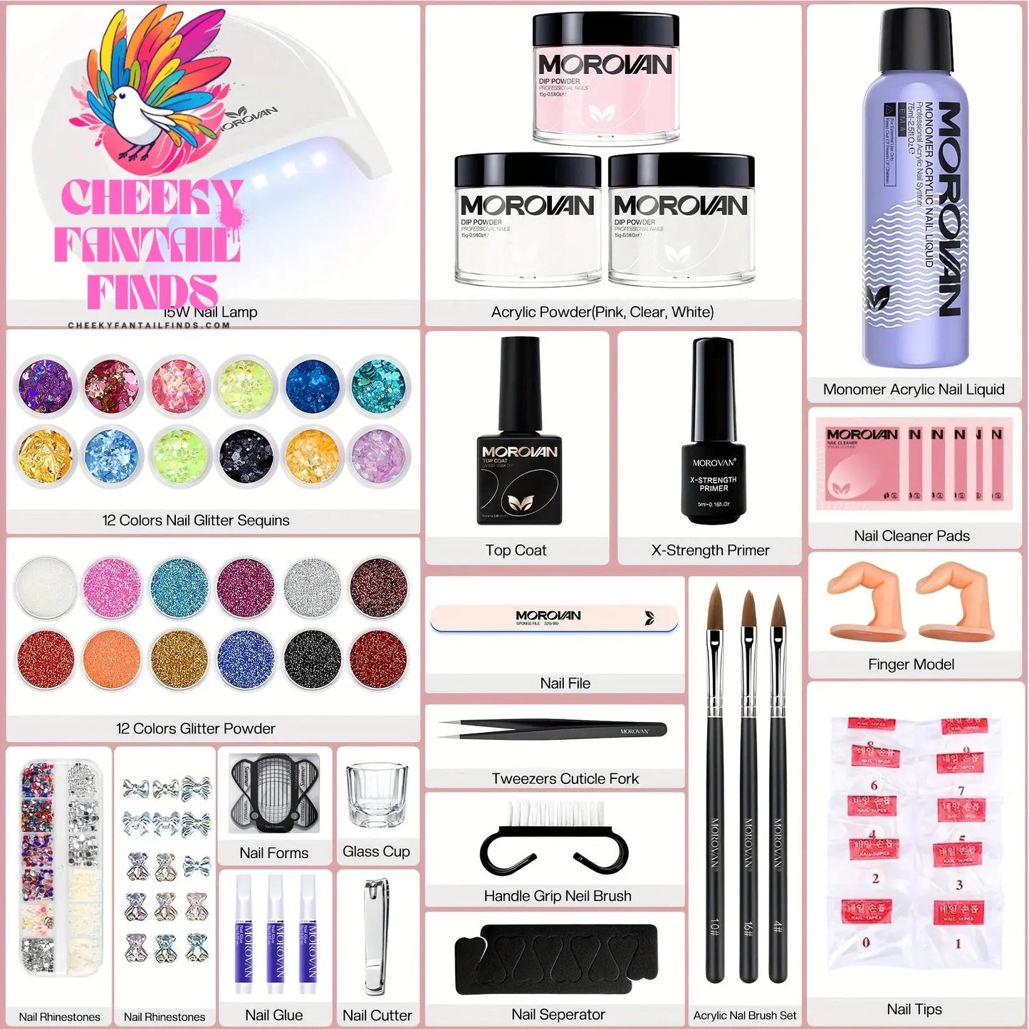 Morovan Acrylic Nail Kit for Beginners:with Everything Professional AcrylicNail Kits Set with Glitter AcrylicPowder UV Lamp for Cheeky Fantail Finds
