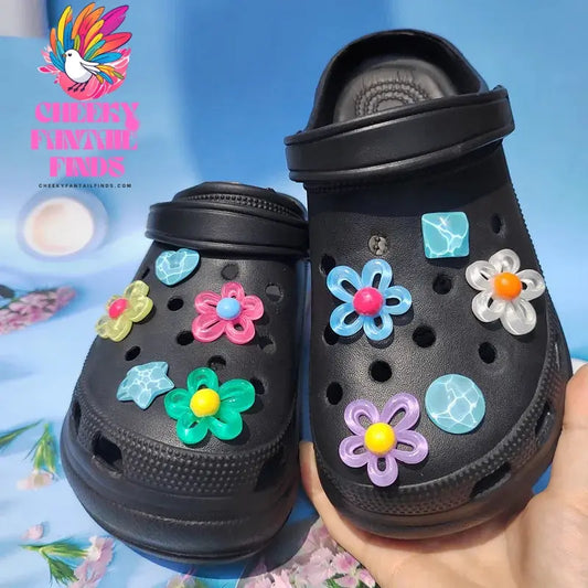 New 9pcs 5 petal flower Hole shoe Charms Designer DIY Shiny Bling Shoes Decaration for Clogs Kids Boys Women Girls Gifts Cheeky Fantail Finds