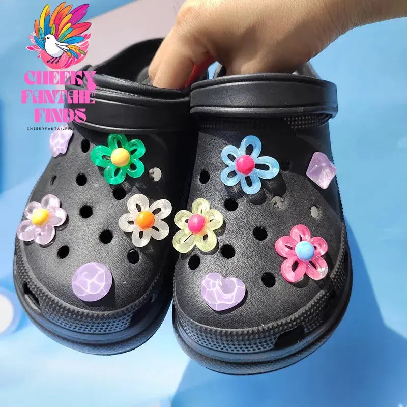 New 9pcs 5 petal flower Hole shoe Charms Designer DIY Shiny Bling Shoes Decaration for Clogs Kids Boys Women Girls Gifts Cheeky Fantail Finds