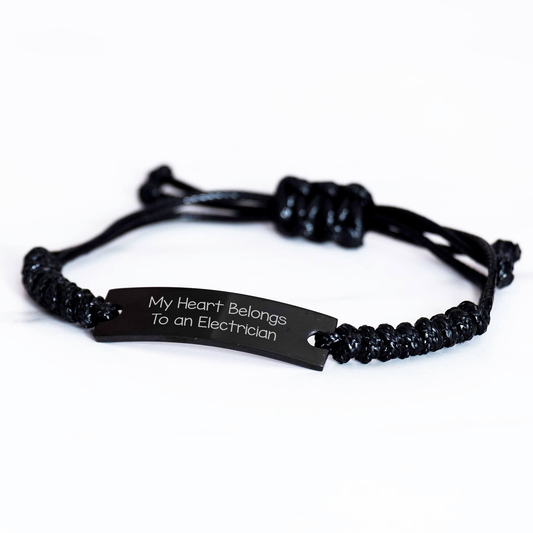 Funny Electrician Gifts from Friends - My Heart Belongs To An Electrician Rope Bracelet for Graduation - Adjustable Black Stainless Steel with Interlaced Rope - Image 2