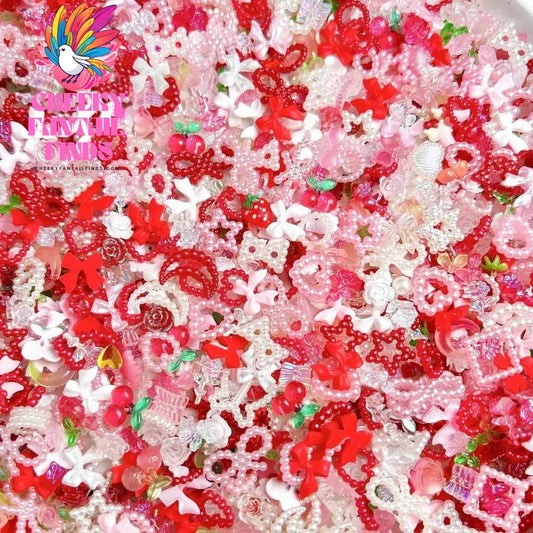 Random Mixed Sweet Red White Series Nail Charms 3D Resin Hollow Out Heart Bow Strawberry Cherry Nail Art Decorations Accessories Cheeky Fantail Finds