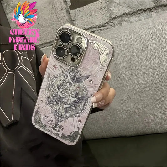 Retro 3D diamand Angel Cupid Case For iPhone 16 15 14 13 12 Pro Max 11 Glitter Lens Protection Cover Ins Pink Aurora Laser Shell Cheeky Fantail Finds