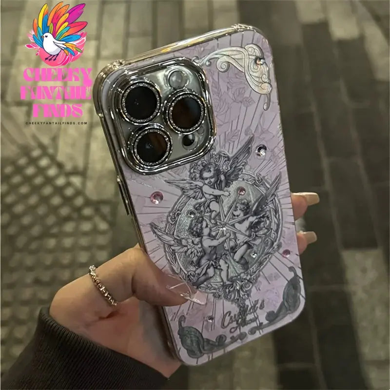 Retro 3D diamand Angel Cupid Case For iPhone 16 15 14 13 12 Pro Max 11 Glitter Lens Protection Cover Ins Pink Aurora Laser Shell Cheeky Fantail Finds