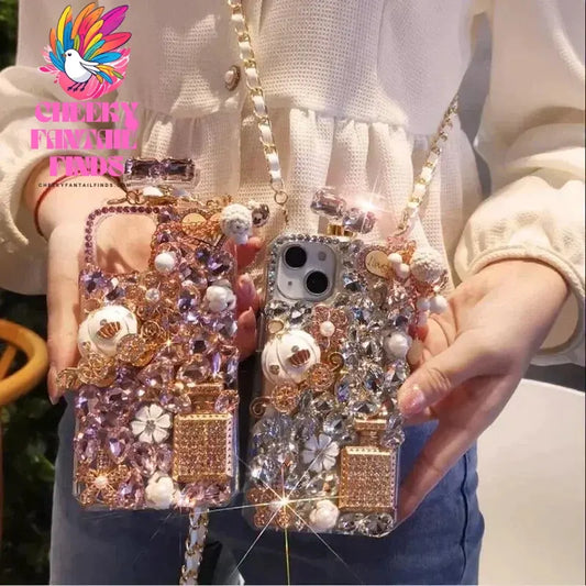 Rhinestone Perfume Bottle Shape Phone Cover with Crystal Pumpkin Pattern, Crossbody, For iPhone 16 15, 14 Pro Max, XR, XS Cheeky Fantail Finds