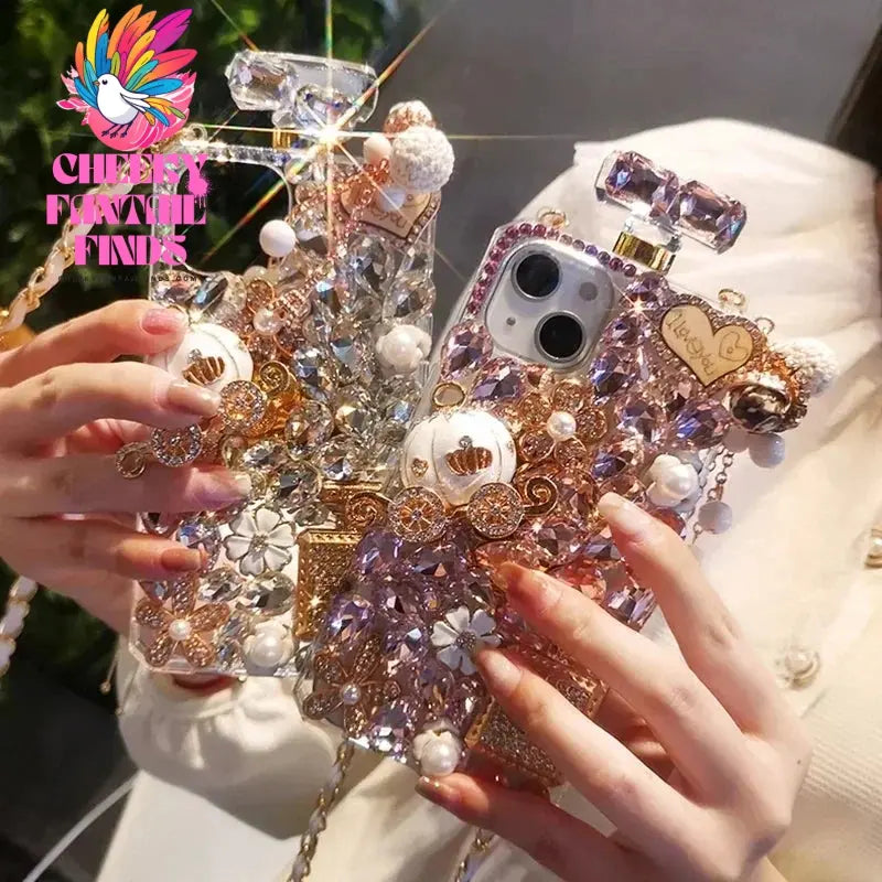 Rhinestone Perfume Bottle Shape Phone Cover with Crystal Pumpkin Pattern, Crossbody, For iPhone 16 15, 14 Pro Max, XR, XS Cheeky Fantail Finds