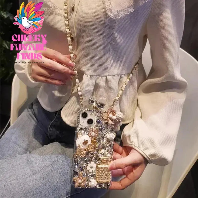 Rhinestone Perfume Bottle Shape Phone Cover with Crystal Pumpkin Pattern, Crossbody, For iPhone 16 15, 14 Pro Max, XR, XS Cheeky Fantail Finds