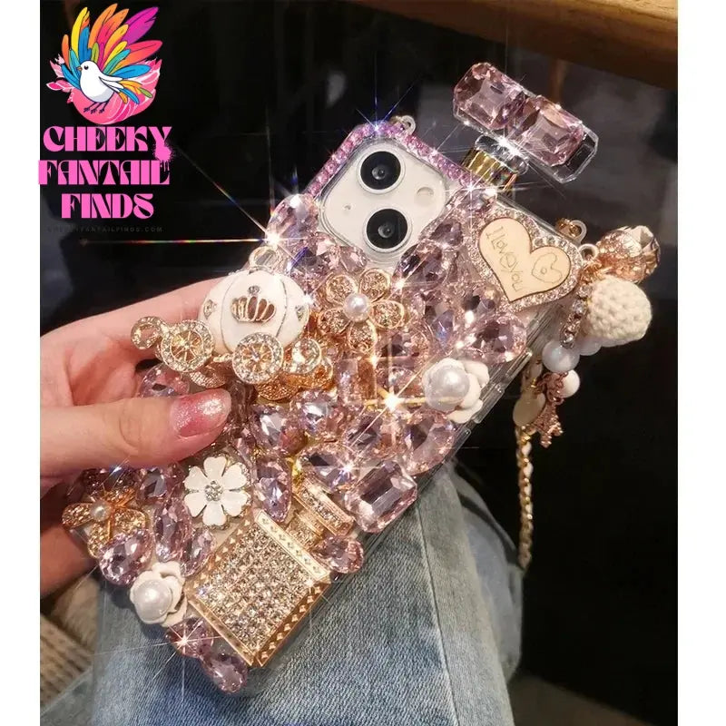 Rhinestone Perfume Bottle Shape Phone Cover with Crystal Pumpkin Pattern, Crossbody, For iPhone 16 15, 14 Pro Max, XR, XS Cheeky Fantail Finds
