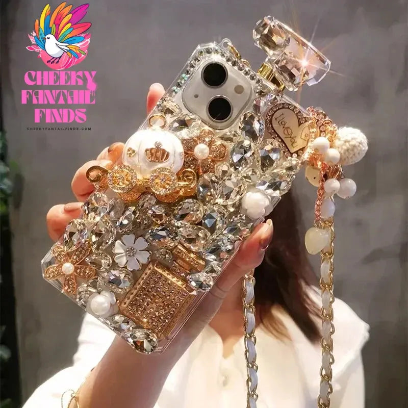 Rhinestone Perfume Bottle Shape Phone Cover with Crystal Pumpkin Pattern, Crossbody, For iPhone 16 15, 14 Pro Max, XR, XS Cheeky Fantail Finds