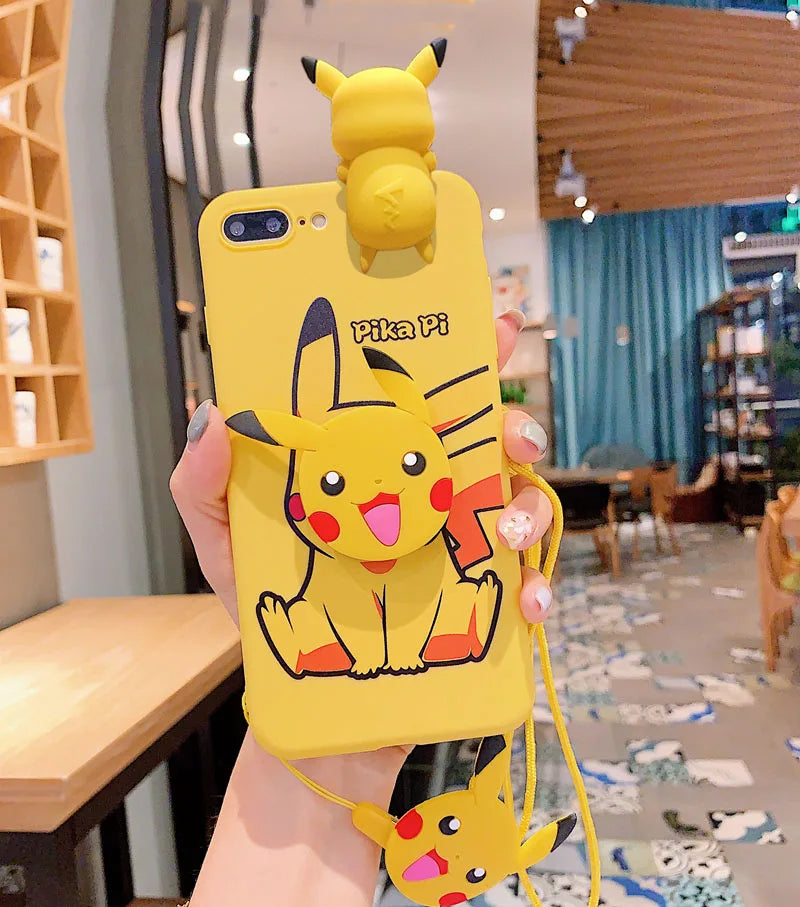 For iPhone 6 6s 7 8 X Xs Max XR 11 12 13 14 15 16 Pro Max SE Pokemon Pikachu Phone Case With Holder Rope