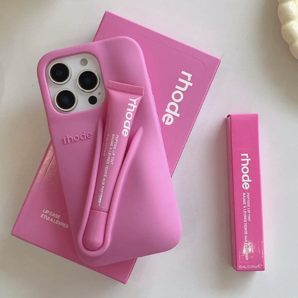 Rhode With Lip Gloss Phone Case for iPhone 16 15 14 13 12 11 Pro Max Plus Lipstick Silicone DIY Toast Espresso Ribbon Box Cover
