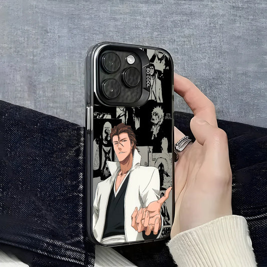 Anime S-Sosuke Aizen Phone Case For iPhone 16 15 14 13 12 11 Pro Max Black Purple Matte Laser Metallic Aurora Funda