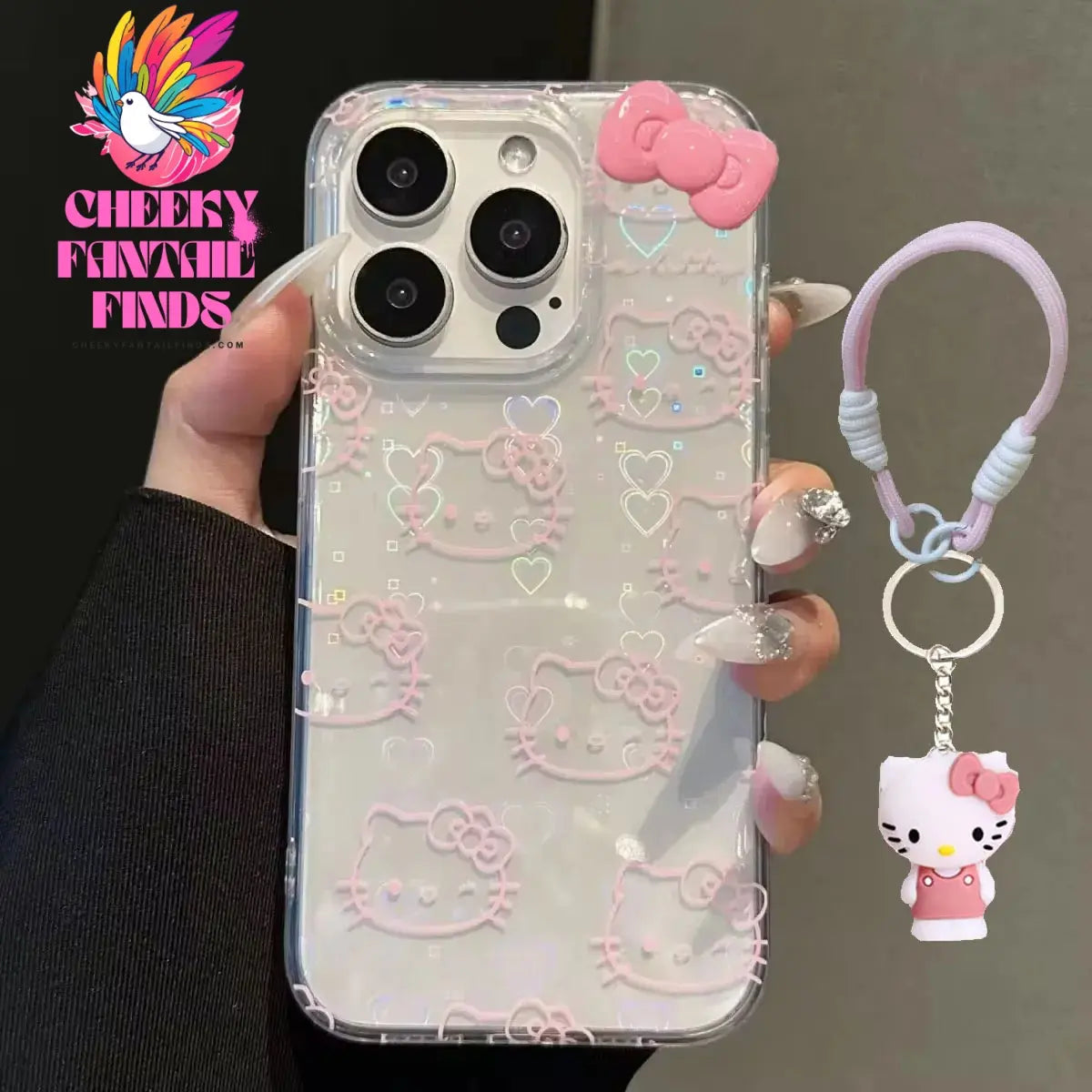 Sanrio Hello Kitty Bow Kawaii Holder Phone Case For iPhone 16 15 14 12 13 11 Pro Max XR XS MAX 7 8 PLUS MINI Y2K Bow Laser Cover Cheeky Fantail Finds