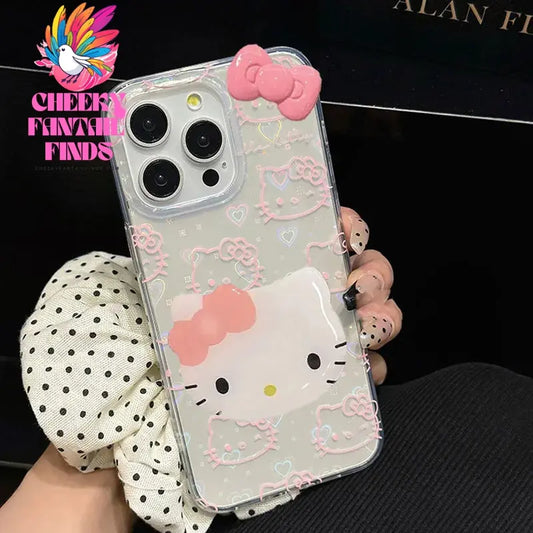Sanrio Hello Kitty Bow Kawaii Holder Phone Case For iPhone 16 15 14 12 13 11 Pro Max XR XS MAX 7 8 PLUS MINI Y2K Bow Laser Cover Cheeky Fantail Finds